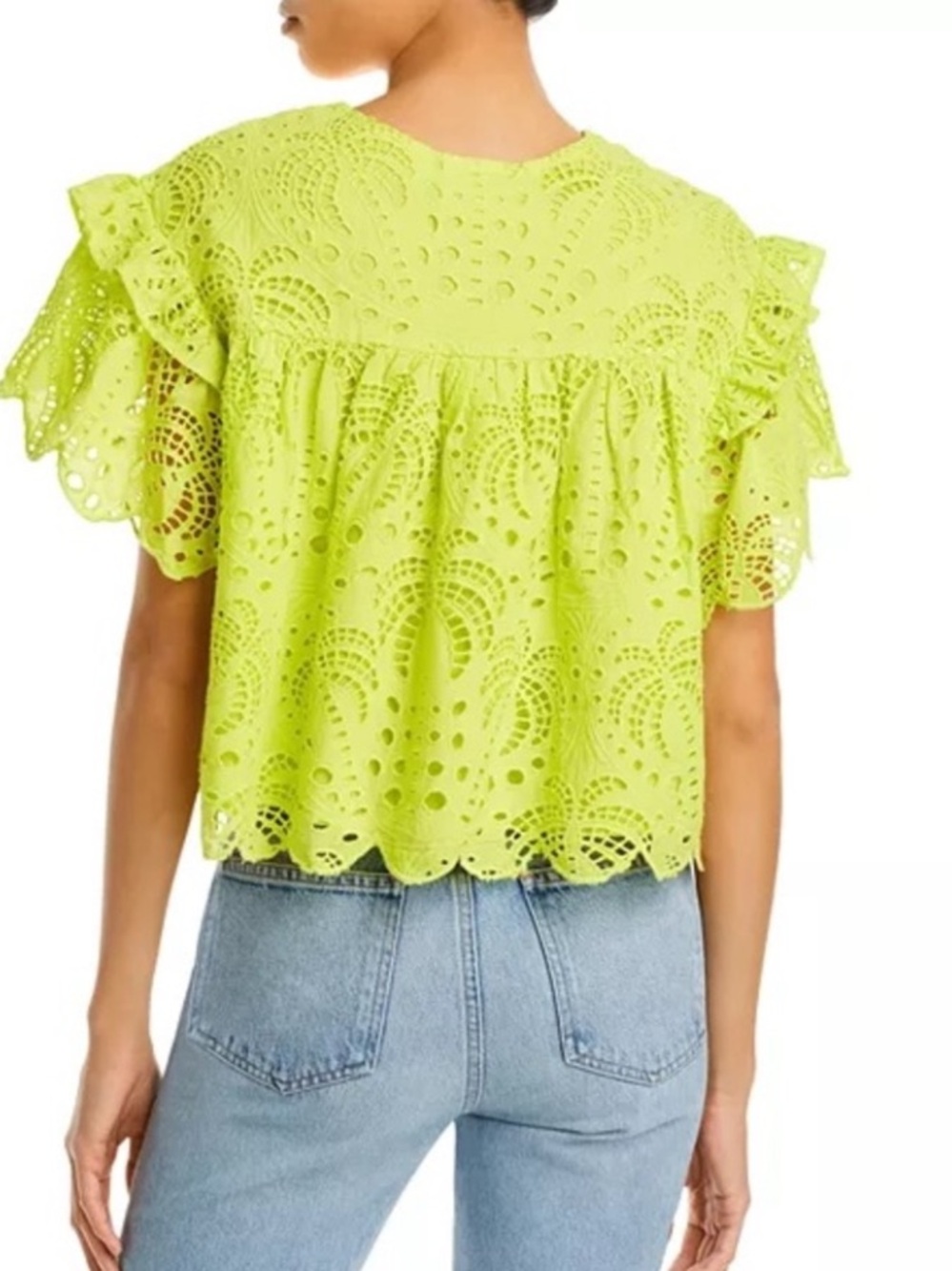 FARM Rio Palm Tree Richelieu Eyelet Ruffle Blouse Lime XS - Picture 3 of 12
